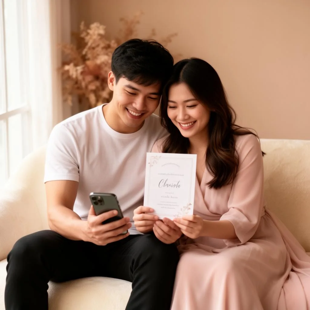 คู่บ่าวสาวไทยกำลังดูการ์ดแต่งงานออนไลน์บนมือถือ — ส่งการ์ดเชิญผ่าน LINE พร้อมระบบ RSVP