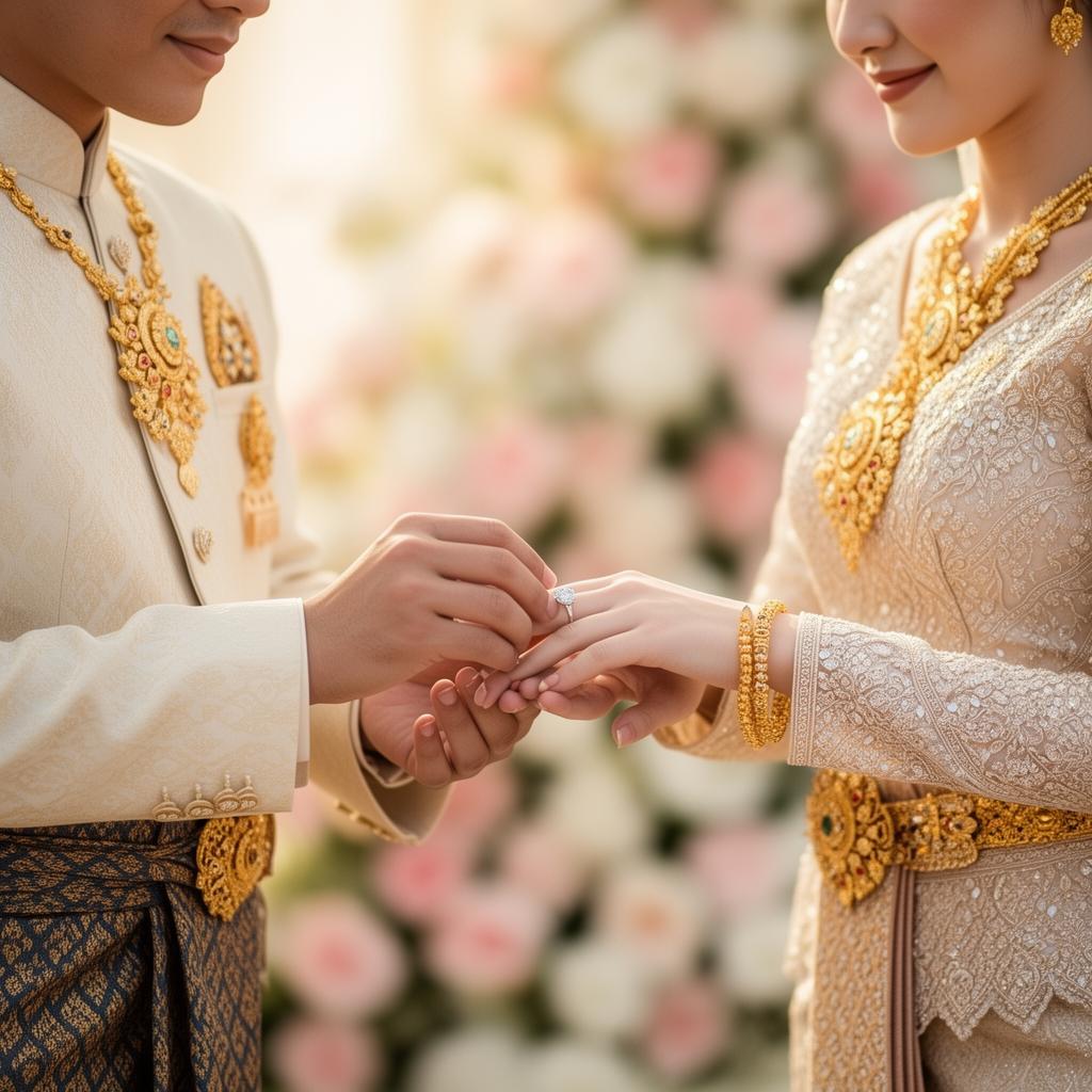 พิธีสวมแหวนหมั้นในงานแต่งงานไทยช่วงเช้า เจ้าบ่าวสวมแหวนเพชรให้เจ้าสาวที่สวมชุดไทยจักรี
