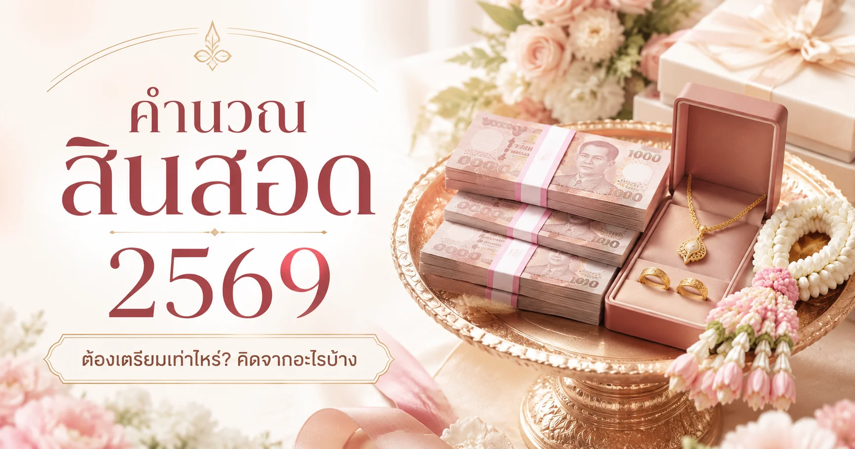 สินสอด 2569 ธนบัตรไทยพร้อมทองคำและแหวนหมั้น สื่อถึงการคำนวณสินสอดงานแต่งงาน